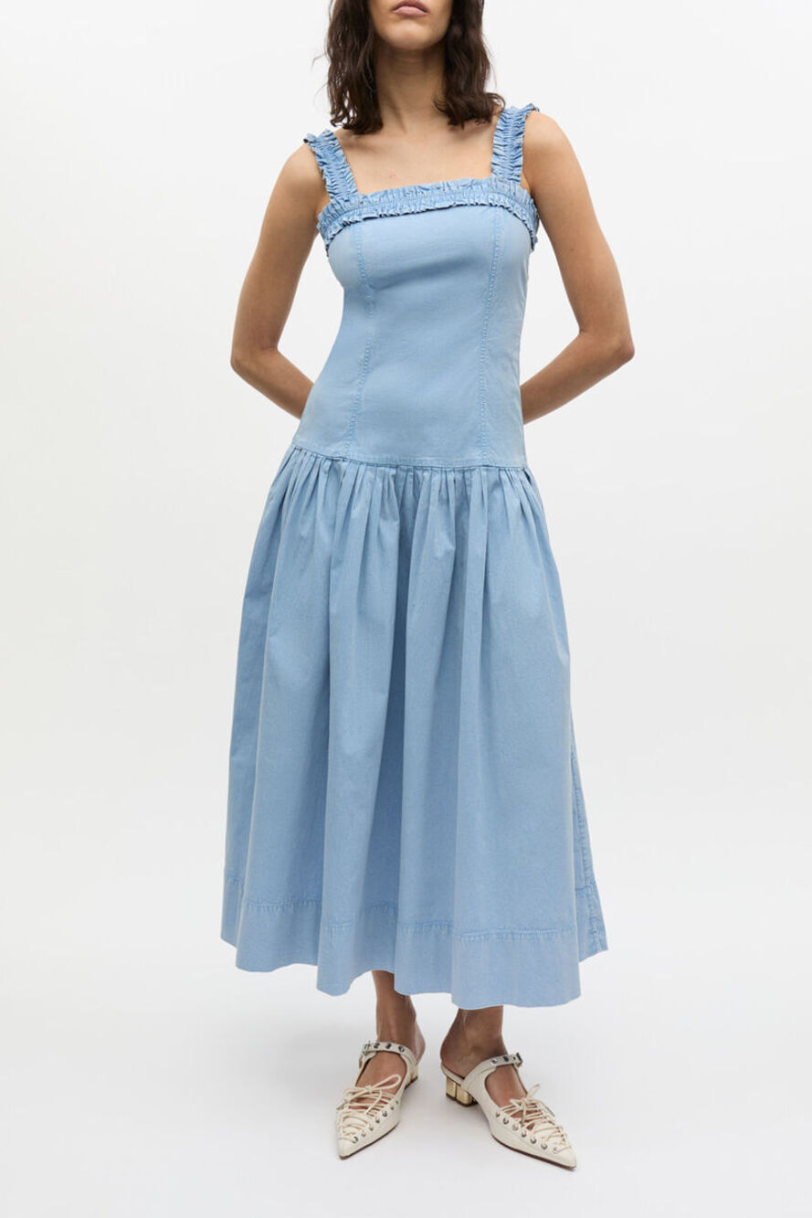 Ganni Blue washed stretch cotton corset midi dress size 6